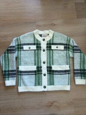 Industry Green Plaid Crewneck Cardigan Sweater